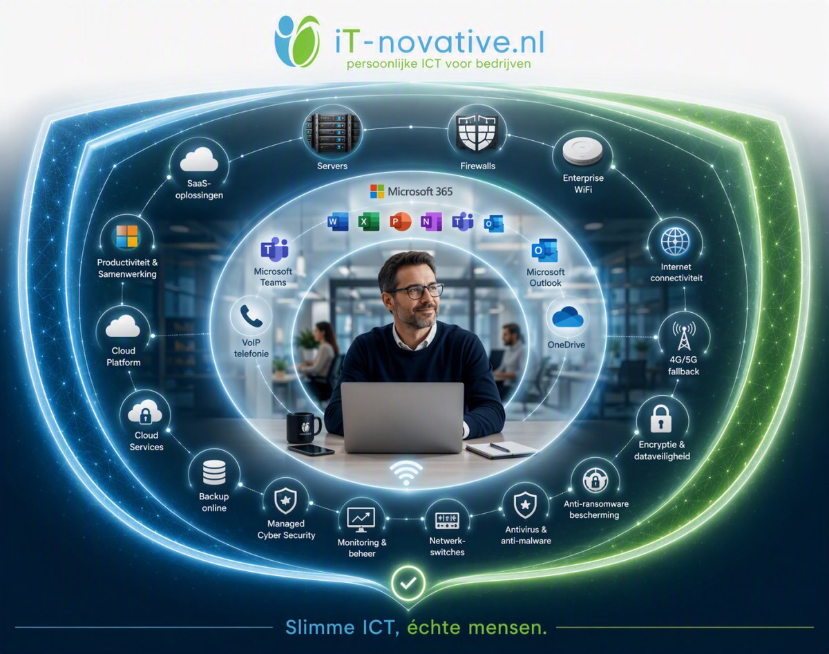 Overzicht van de ICT-diensten van iT-novative: werkplek, servers, cloud, connectiviteit en beveiliging